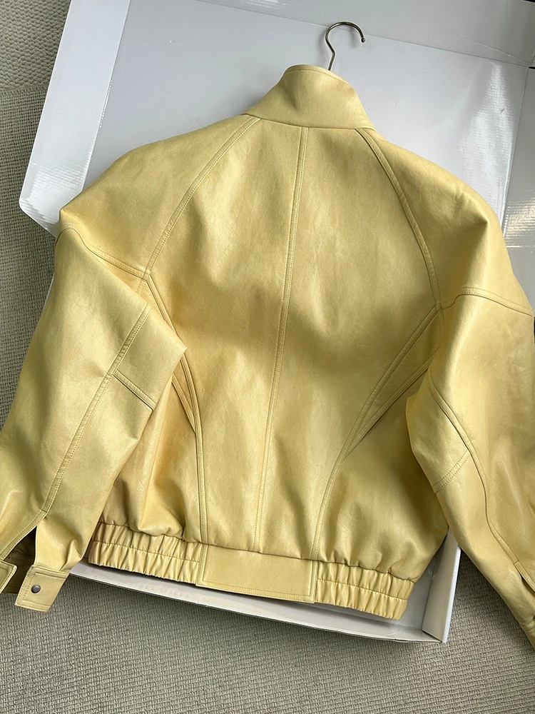 Lautaro Spring Autumn Yellow Pu Leather Jacket Women Zipper Long Sleeve Looe Casual Luxury Designer American Retro Clothes 2026