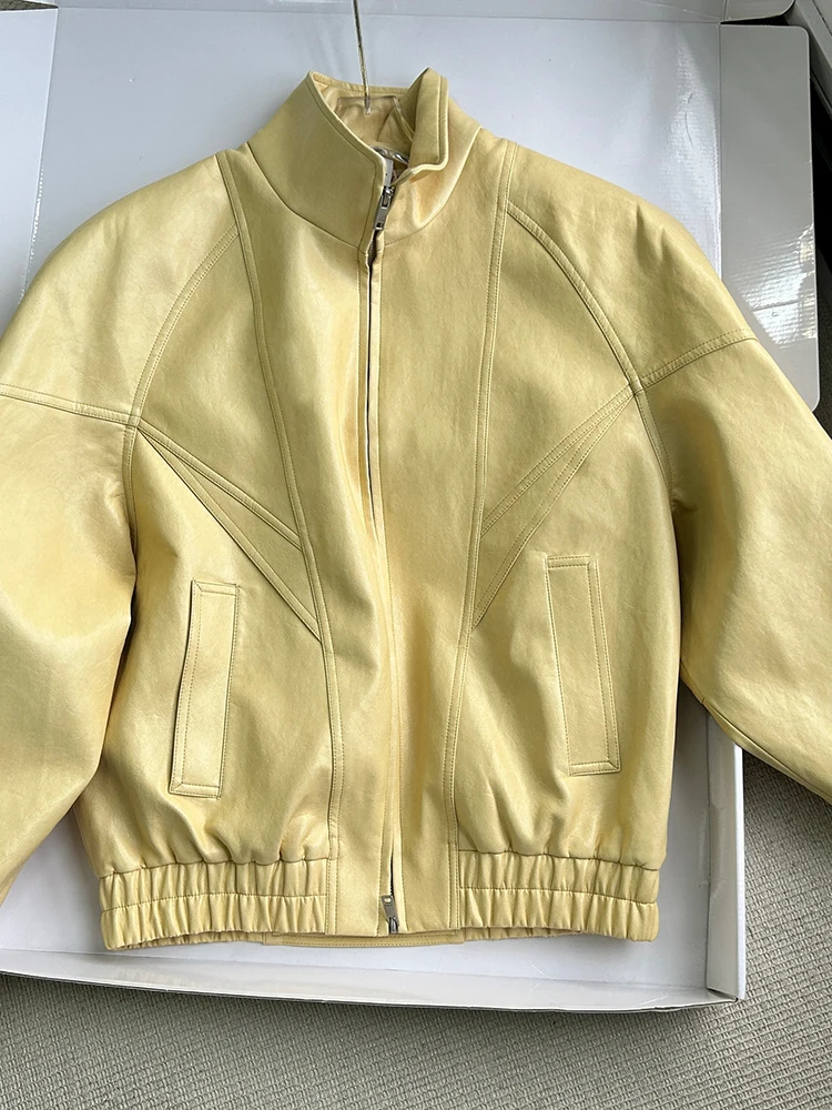 Lautaro Spring Autumn Yellow Pu Leather Jacket Women Zipper Long Sleeve Looe Casual Luxury Designer American Retro Clothes 2026