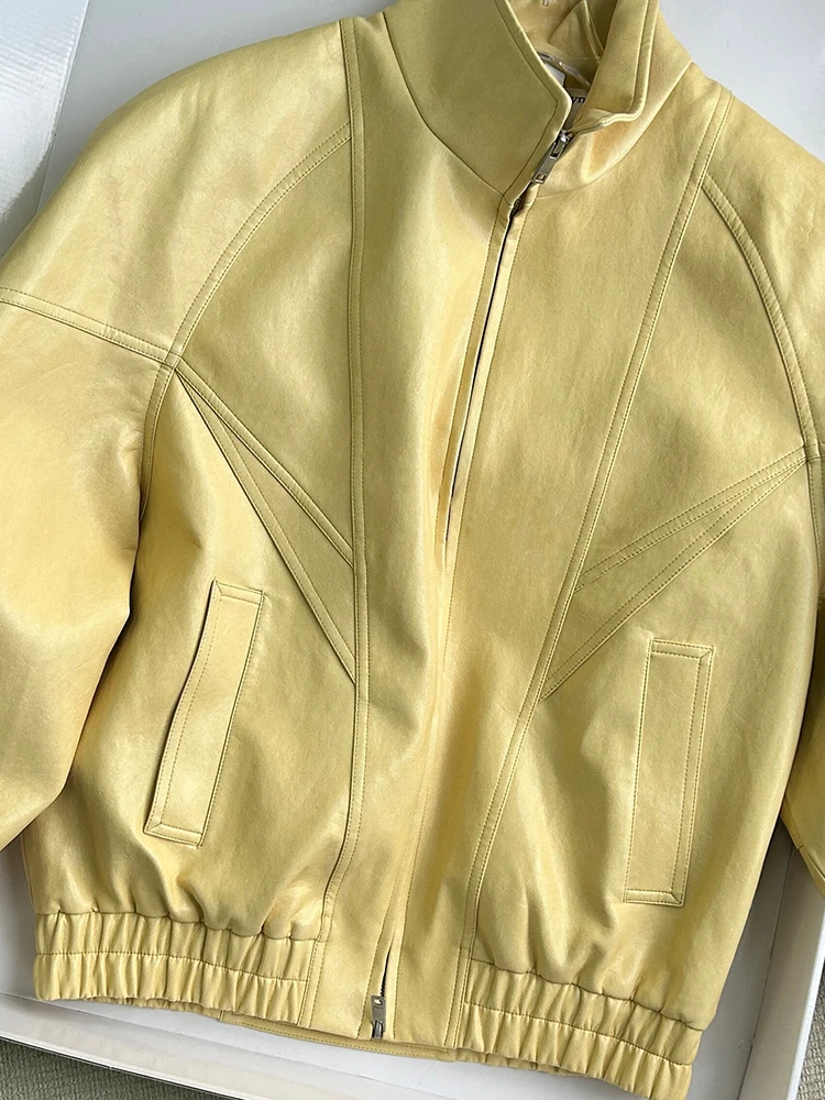 Lautaro Spring Autumn Yellow Pu Leather Jacket Women Zipper Long Sleeve Looe Casual Luxury Designer American Retro Clothes 2026