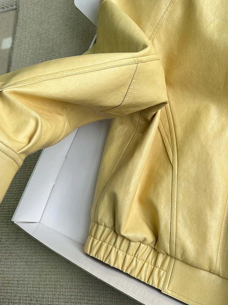 Lautaro Spring Autumn Yellow Pu Leather Jacket Women Zipper Long Sleeve Looe Casual Luxury Designer American Retro Clothes 2026