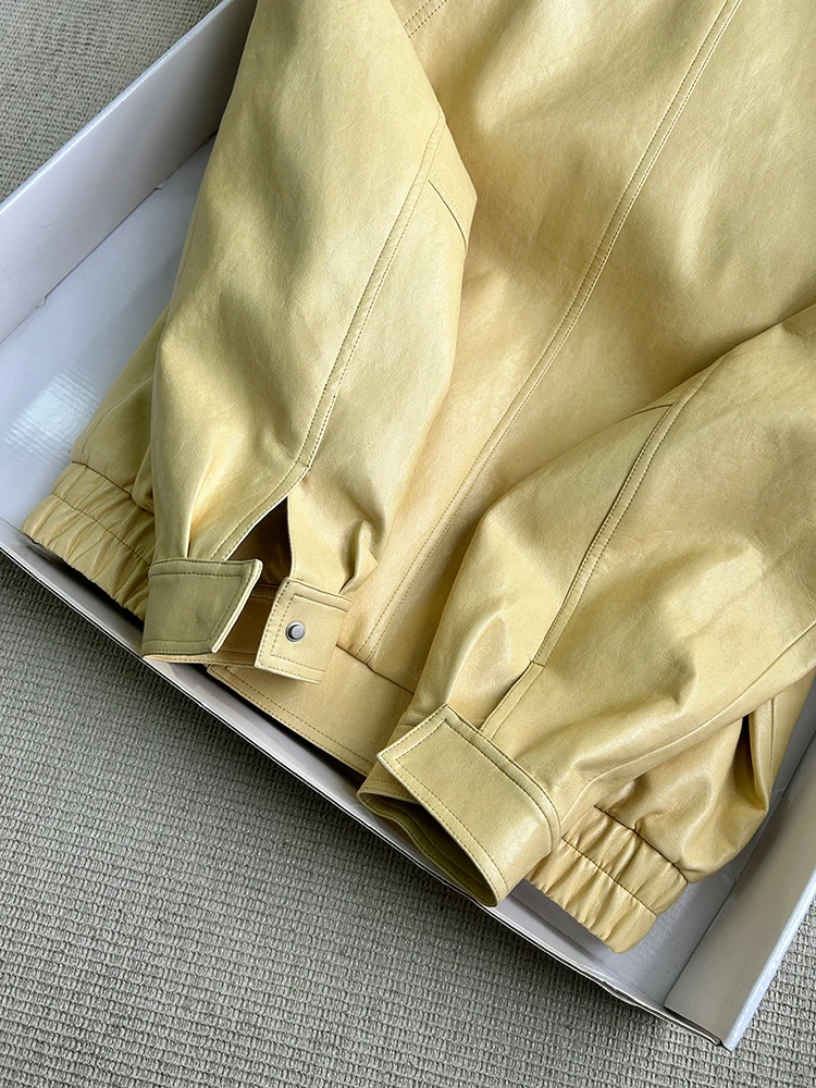 Lautaro Spring Autumn Yellow Pu Leather Jacket Women Zipper Long Sleeve Looe Casual Luxury Designer American Retro Clothes 2026