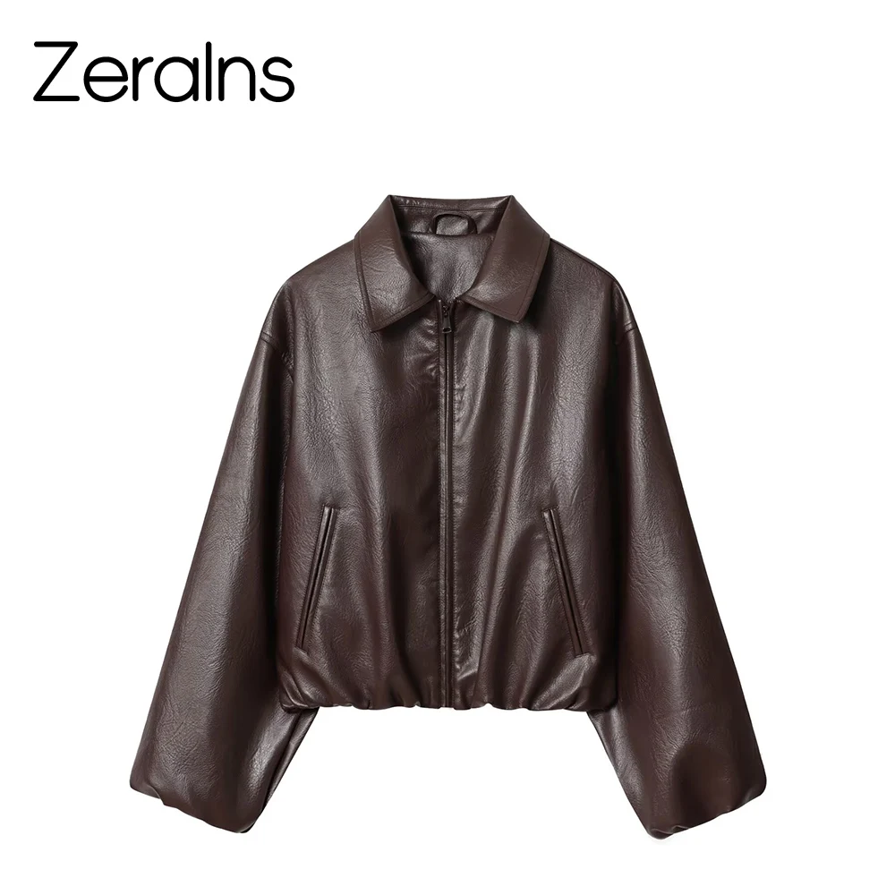 ZERAINS Autumn new women's clothing European and American lapel long sleeved loose PU leather pilot jacket jacket