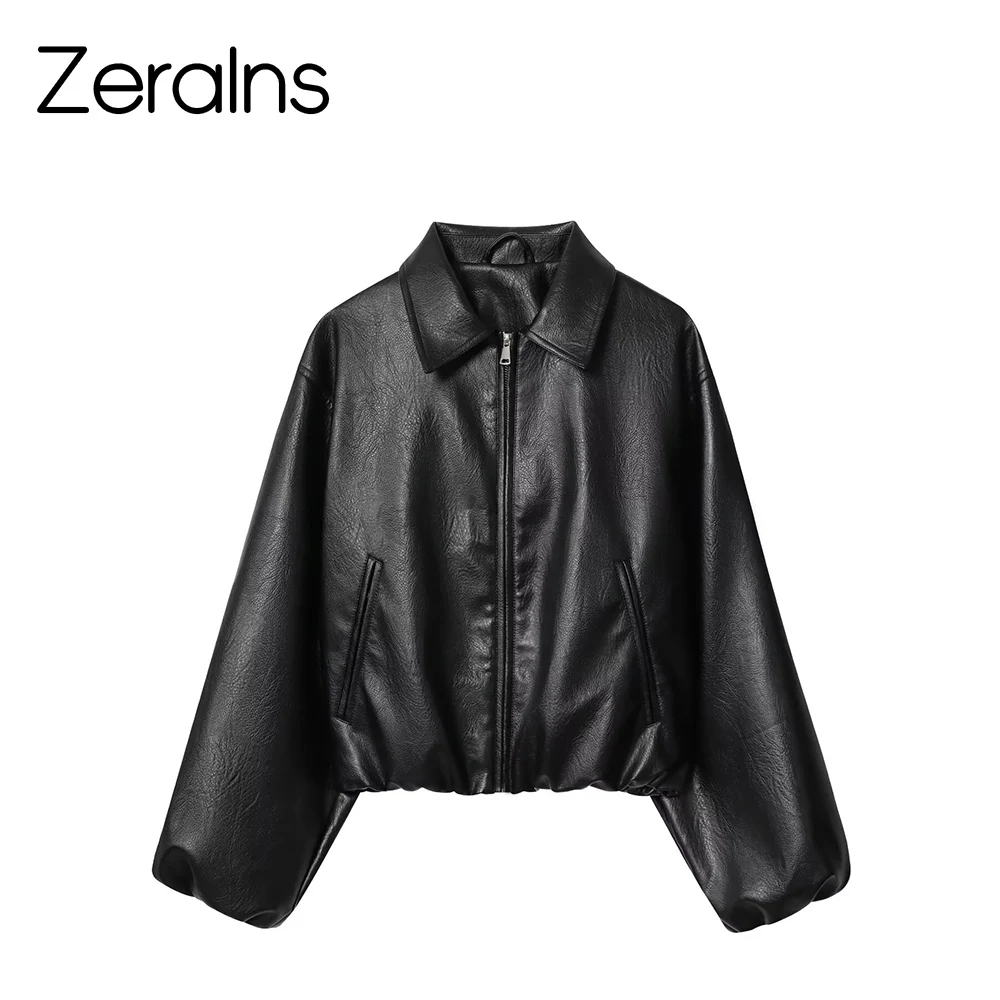 ZERAINS Autumn new women's clothing European and American lapel long sleeved loose PU leather pilot jacket jacket