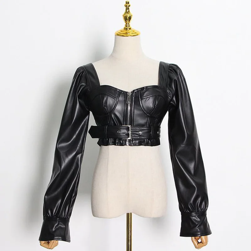 Lautaro Y2k Black Faux Leather Crop Top Women Square Neck Long Sleeve Zipper Cropped Jacket 2021 Sexy Backless Fashion 5xl 6xl