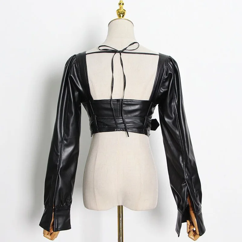 Lautaro Y2k Black Faux Leather Crop Top Women Square Neck Long Sleeve Zipper Cropped Jacket 2021 Sexy Backless Fashion 5xl 6xl