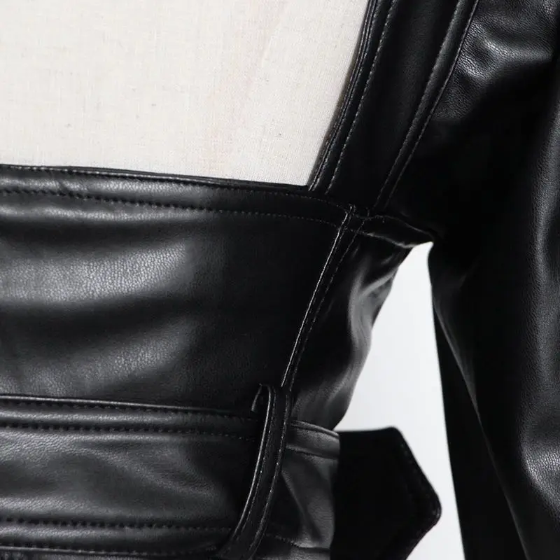 Lautaro Y2k Black Faux Leather Crop Top Women Square Neck Long Sleeve Zipper Cropped Jacket 2021 Sexy Backless Fashion 5xl 6xl
