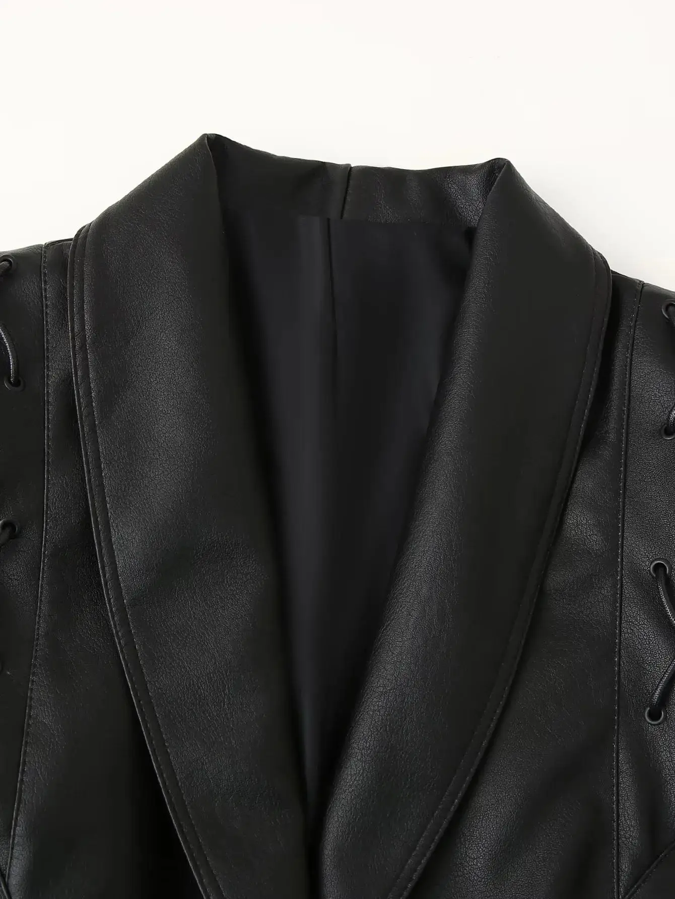 Suninherat Autumn Faux Leather Jacket 2025 Fashion Black PU Jacket Coat with Belt Lapel Women's Outwear
