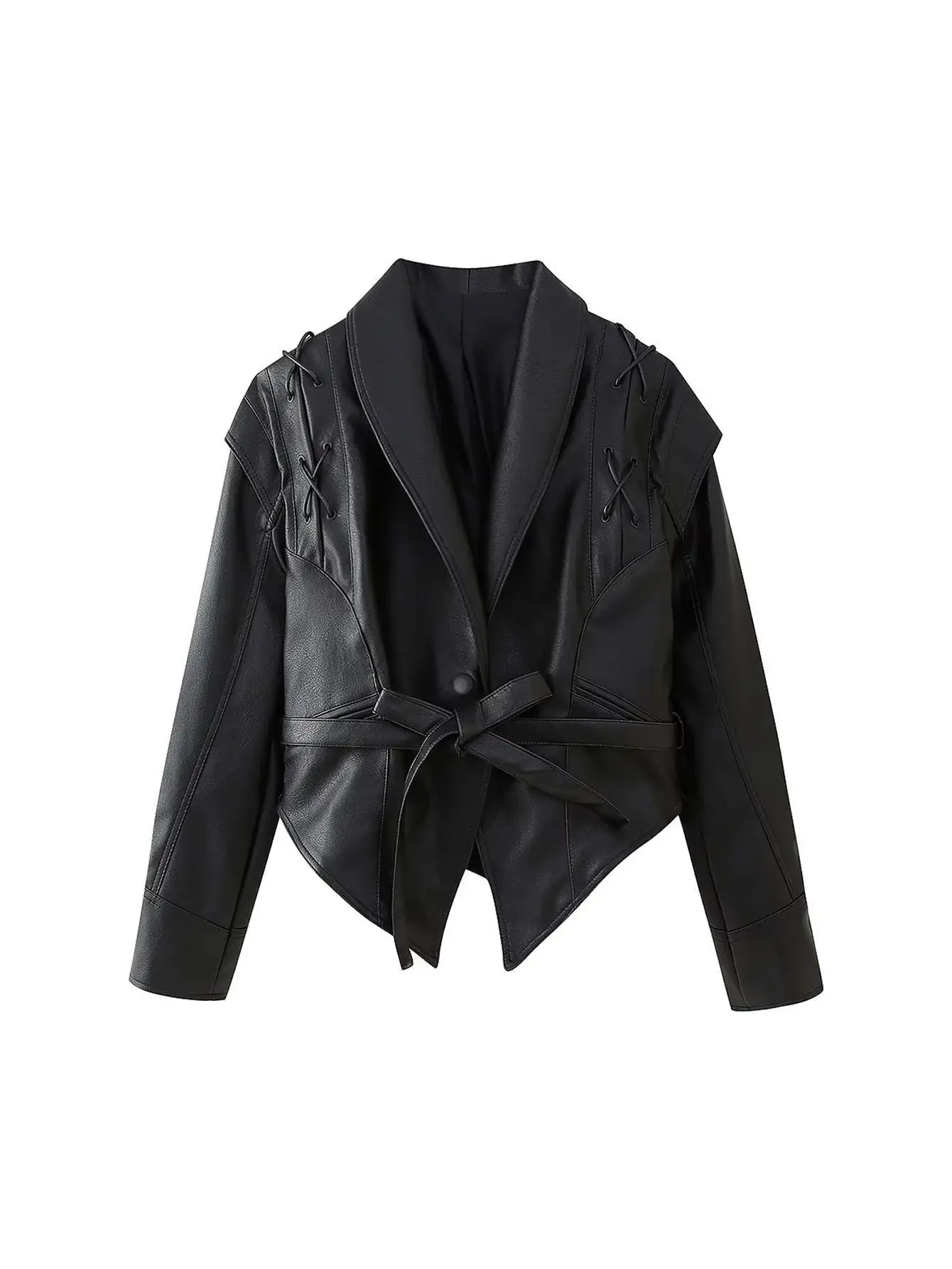 Suninherat Autumn Faux Leather Jacket 2025 Fashion Black PU Jacket Coat with Belt Lapel Women's Outwear
