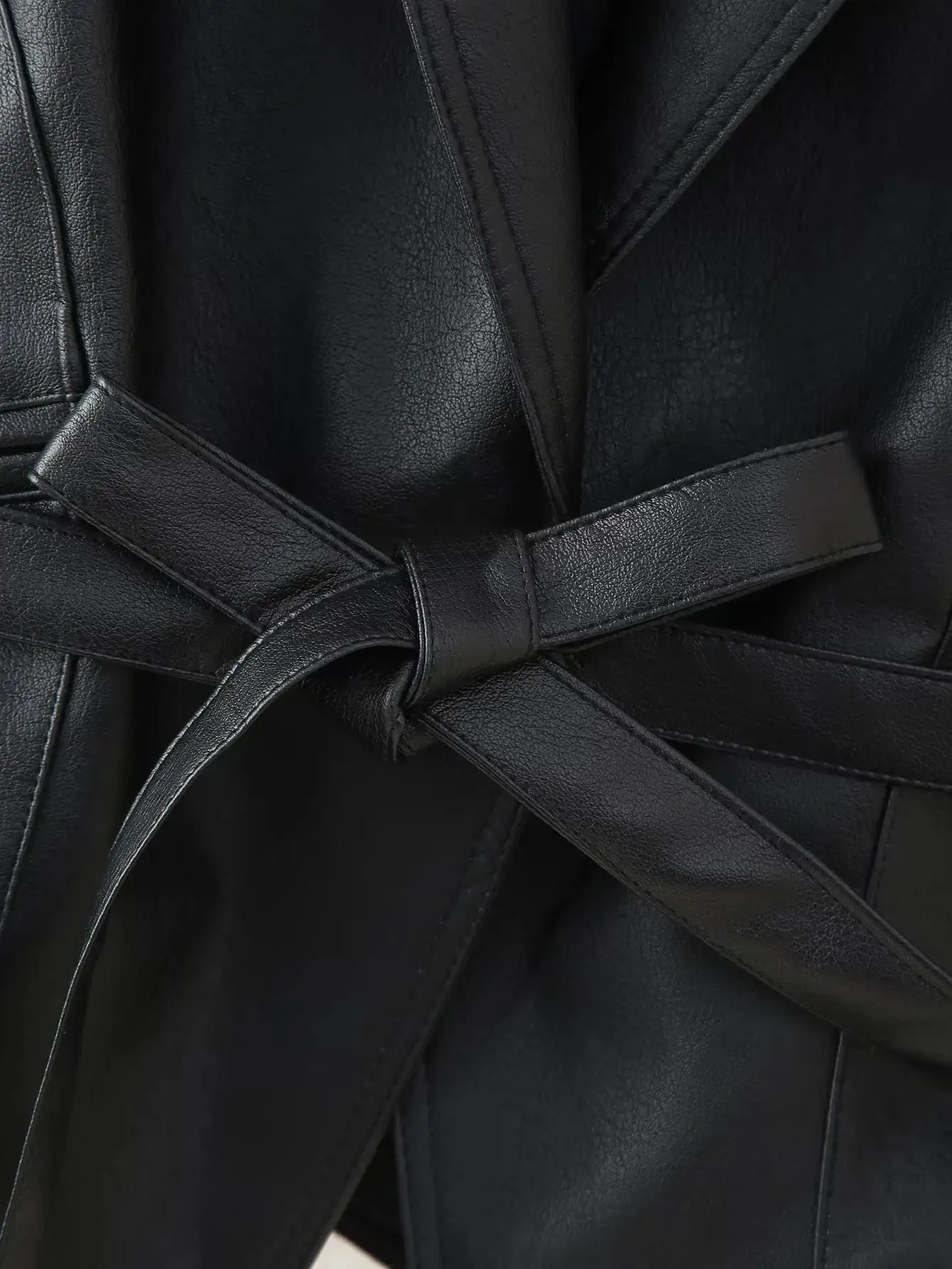 Suninherat Autumn Faux Leather Jacket 2025 Fashion Black PU Jacket Coat with Belt Lapel Women's Outwear