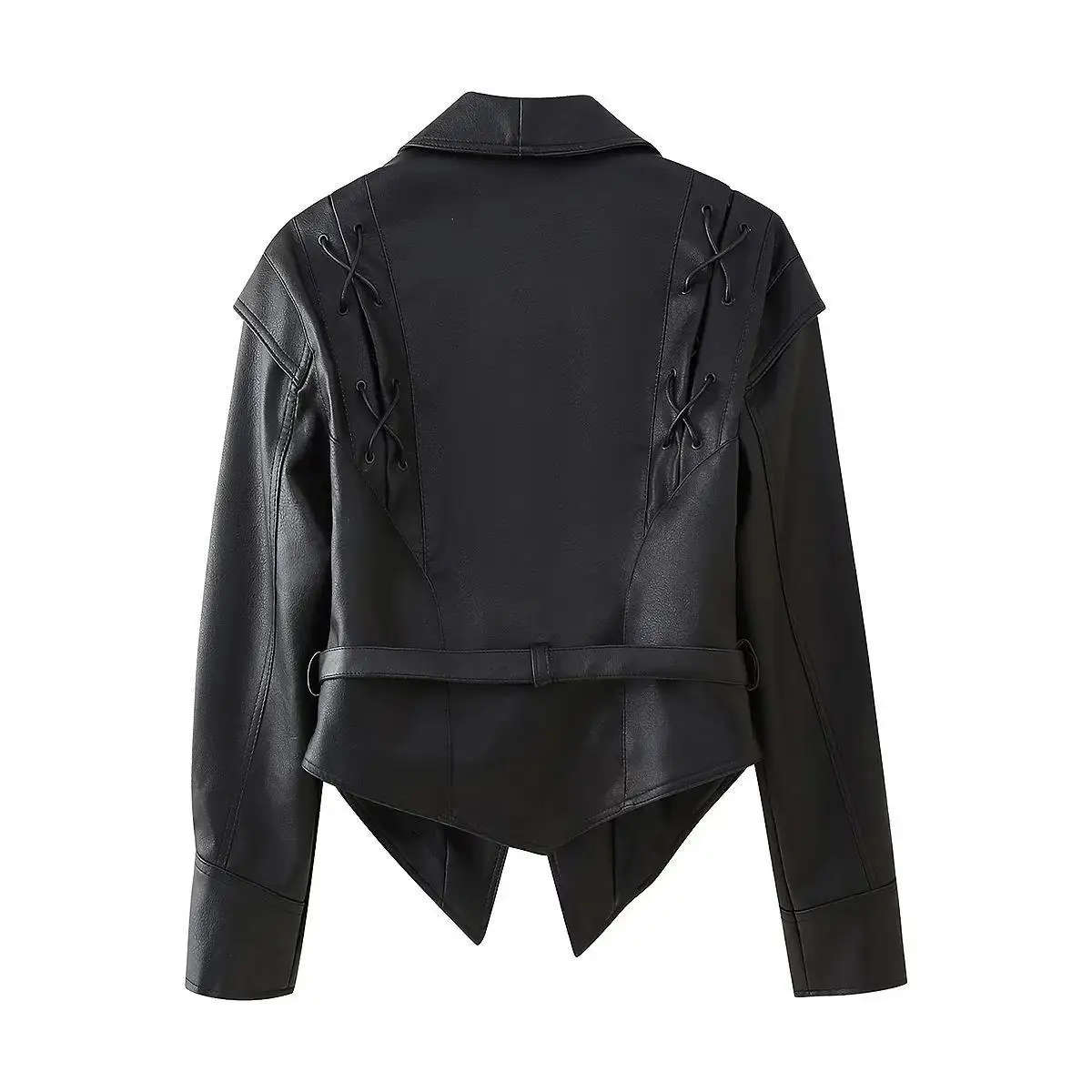 Suninherat Autumn Faux Leather Jacket 2025 Fashion Black PU Jacket Coat with Belt Lapel Women's Outwear