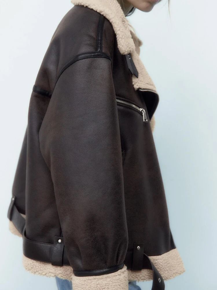 Ailegogo Autumn Winter Women Faux Lamb Fur Thick Warm Jacket with Belt Streetwear Female Zipper Loose Moto Biker Coat Outwear