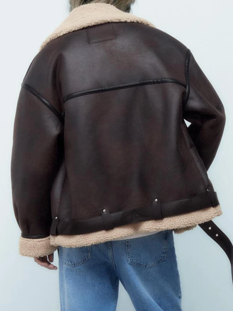 Ailegogo Autumn Winter Women Faux Lamb Fur Thick Warm Jacket with Belt Streetwear Female Zipper Loose Moto Biker Coat Outwear