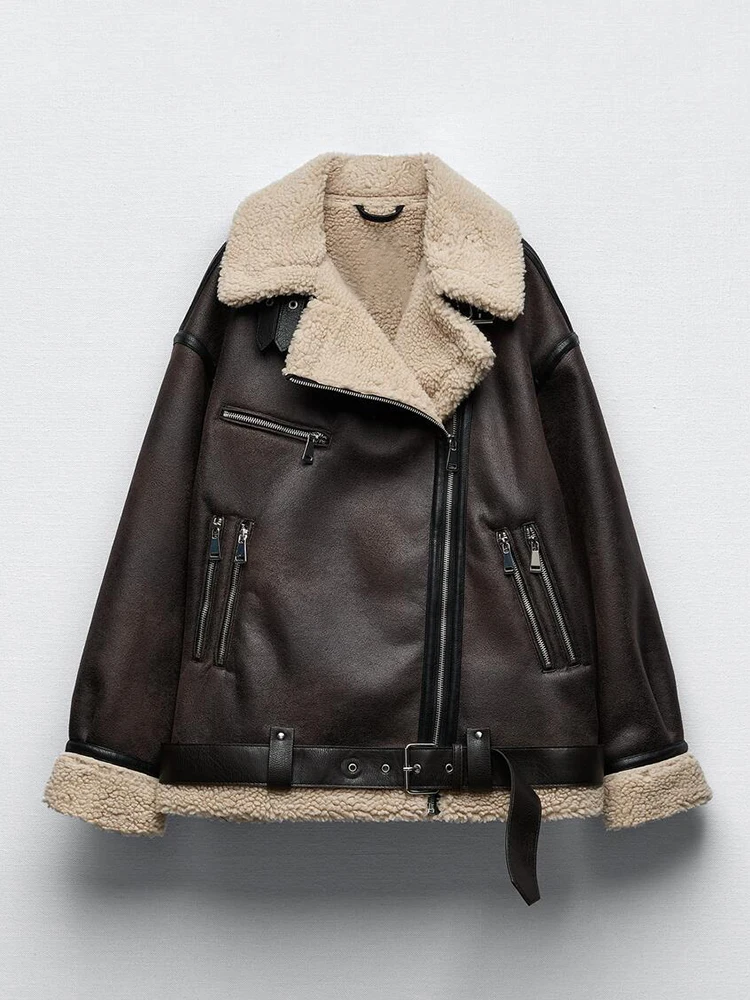 Ailegogo Autumn Winter Women Faux Lamb Fur Thick Warm Jacket with Belt Streetwear Female Zipper Loose Moto Biker Coat Outwear