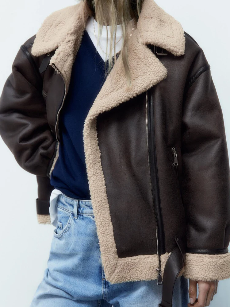 Ailegogo Autumn Winter Women Faux Lamb Fur Thick Warm Jacket with Belt Streetwear Female Zipper Loose Moto Biker Coat Outwear