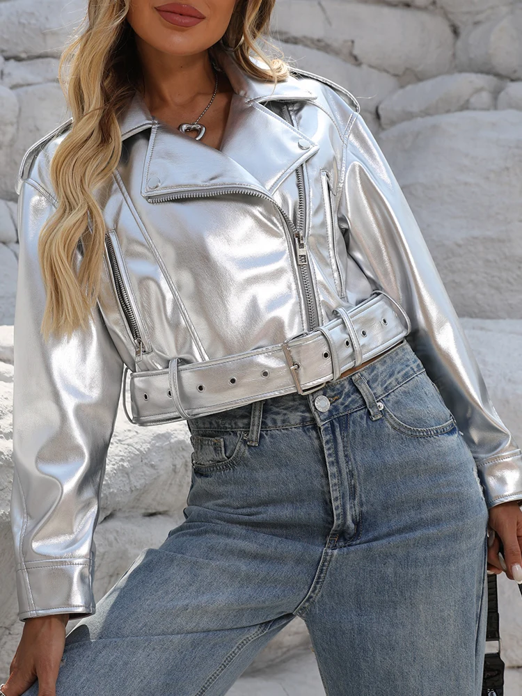 Ailegogo Spring Autumn Women Fashion Casual Silver Short Faux Leather Jacket Streetwear Female Zipper Belt Loose Coat Outwear