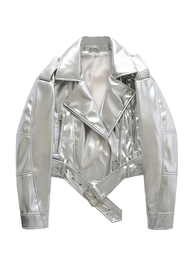 Ailegogo Spring Autumn Women Fashion Casual Silver Short Faux Leather Jacket Streetwear Female Zipper Belt Loose Coat Outwear