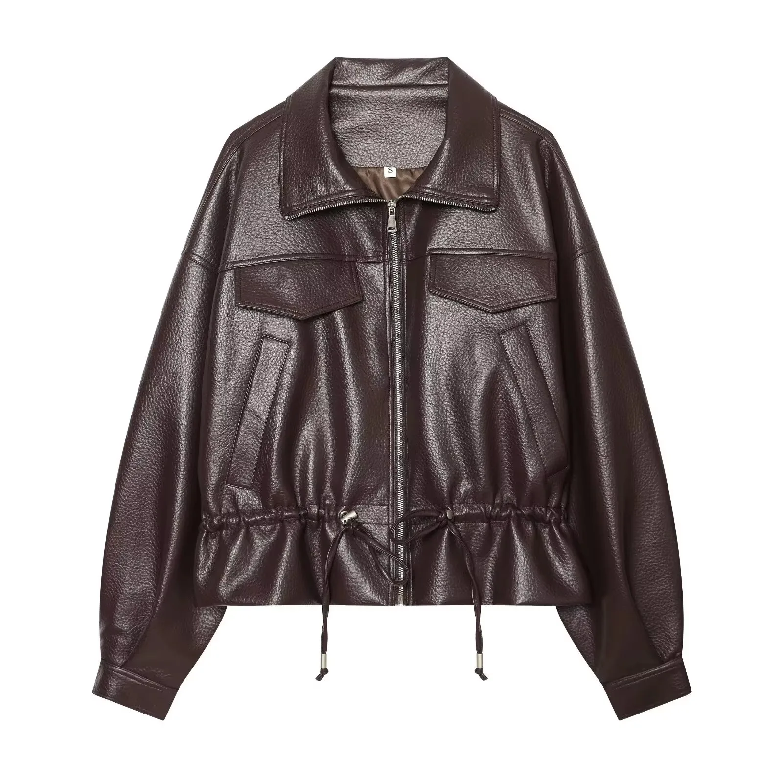 HH Ladies Fashion Adjustable Drawstring Faux Leather Lapel Coat Front Zip Pockets Long Sleeves Elegant Autumn Party Brown Jacket