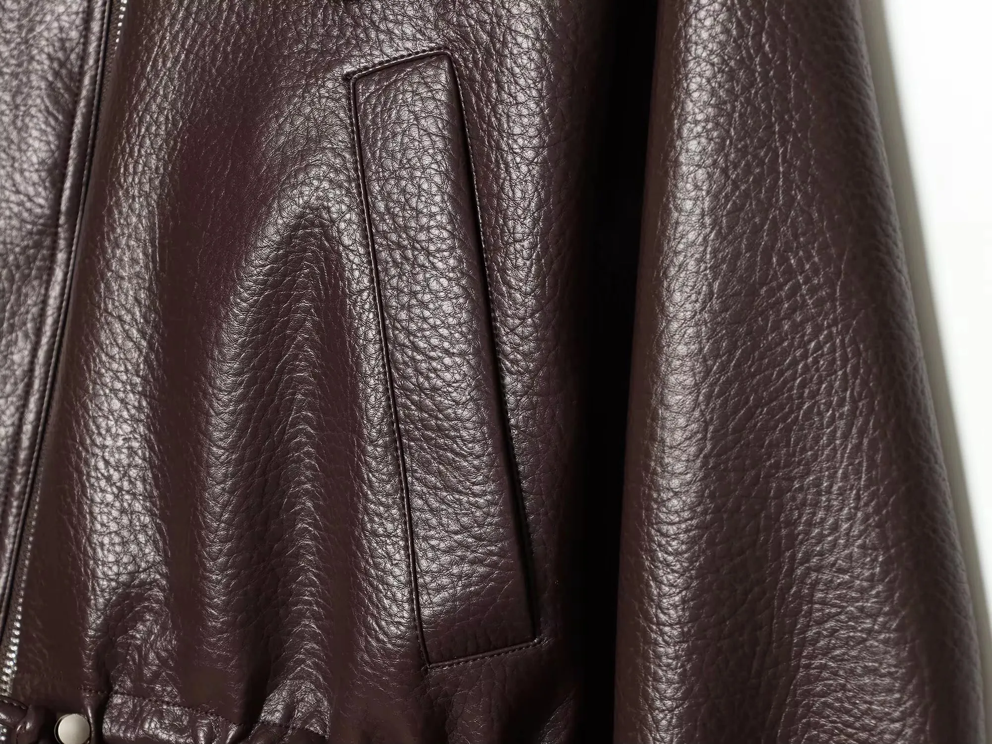 HH Ladies Fashion Adjustable Drawstring Faux Leather Lapel Coat Front Zip Pockets Long Sleeves Elegant Autumn Party Brown Jacket