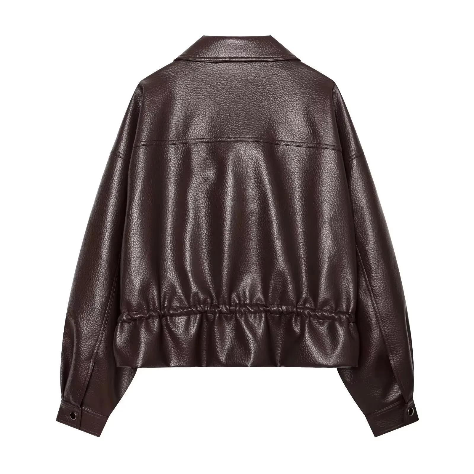 HH Ladies Fashion Adjustable Drawstring Faux Leather Lapel Coat Front Zip Pockets Long Sleeves Elegant Autumn Party Brown Jacket
