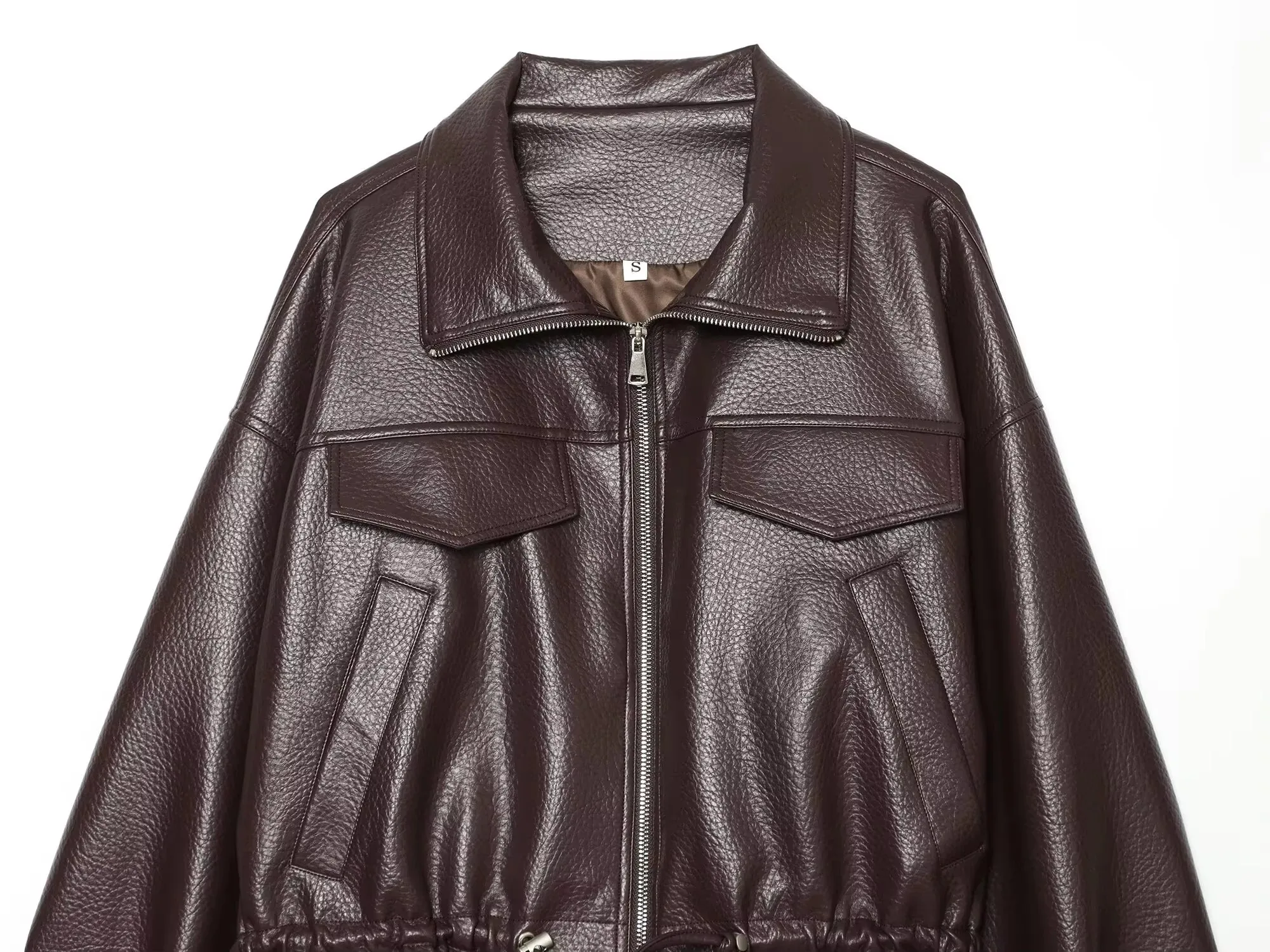 HH Ladies Fashion Adjustable Drawstring Faux Leather Lapel Coat Front Zip Pockets Long Sleeves Elegant Autumn Party Brown Jacket