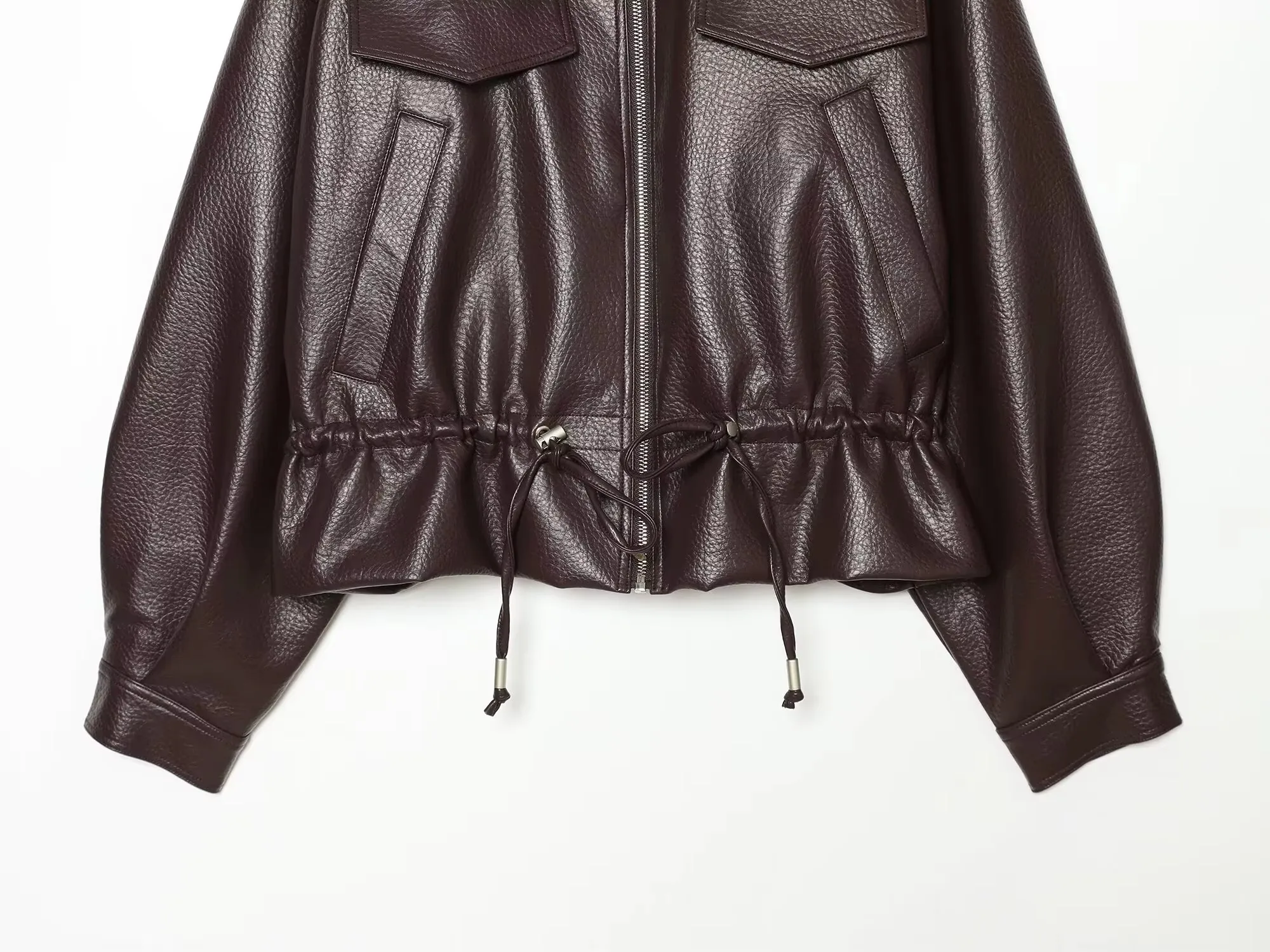 HH Ladies Fashion Adjustable Drawstring Faux Leather Lapel Coat Front Zip Pockets Long Sleeves Elegant Autumn Party Brown Jacket