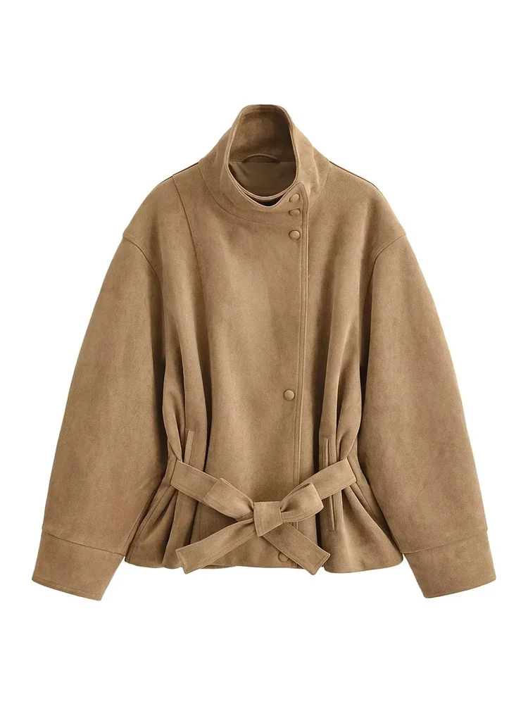 AACHOAE Women Faux Suede Jacket Belted Waist Loose Fit Short Coat Long Sleeve Vintage Casual Elegant Autumn Spring Outerwear