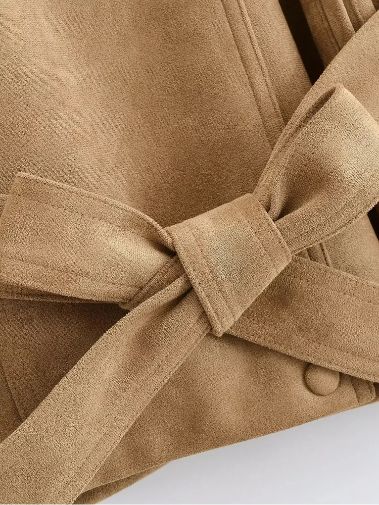 AACHOAE Women Faux Suede Jacket Belted Waist Loose Fit Short Coat Long Sleeve Vintage Casual Elegant Autumn Spring Outerwear
