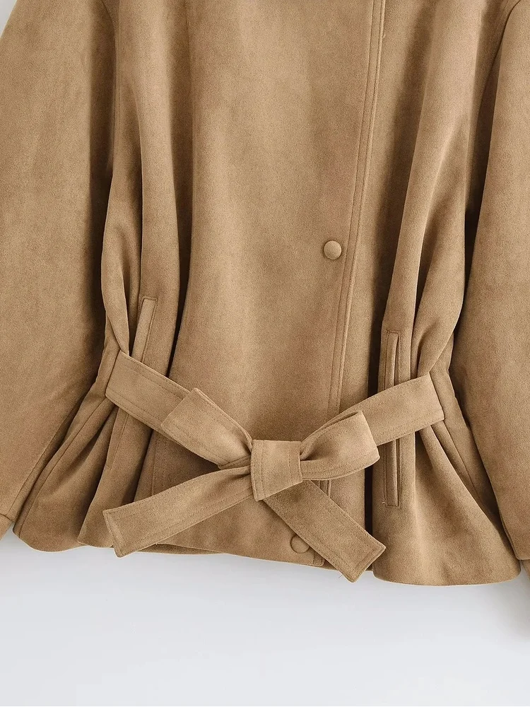 AACHOAE Women Faux Suede Jacket Belted Waist Loose Fit Short Coat Long Sleeve Vintage Casual Elegant Autumn Spring Outerwear
