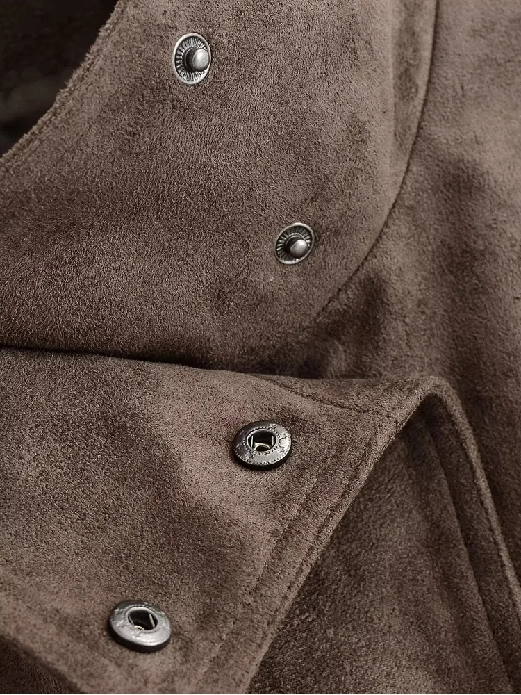 AACHOAE Women Faux Suede Jacket Belted Waist Loose Fit Short Coat Long Sleeve Vintage Casual Elegant Autumn Spring Outerwear