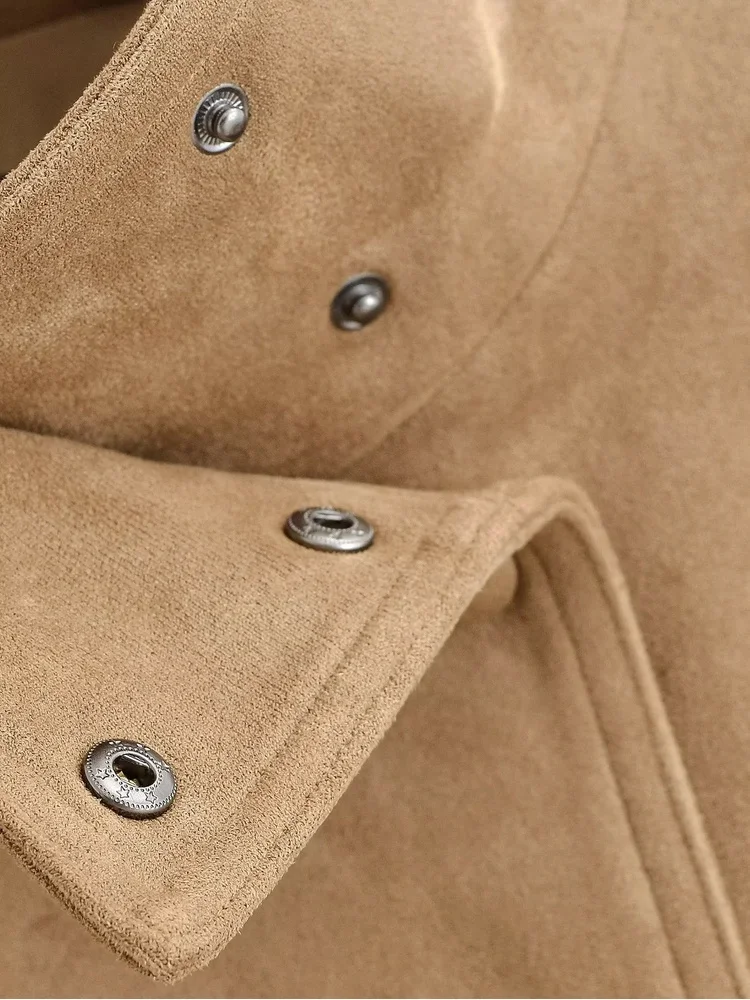 AACHOAE Women Faux Suede Jacket Belted Waist Loose Fit Short Coat Long Sleeve Vintage Casual Elegant Autumn Spring Outerwear