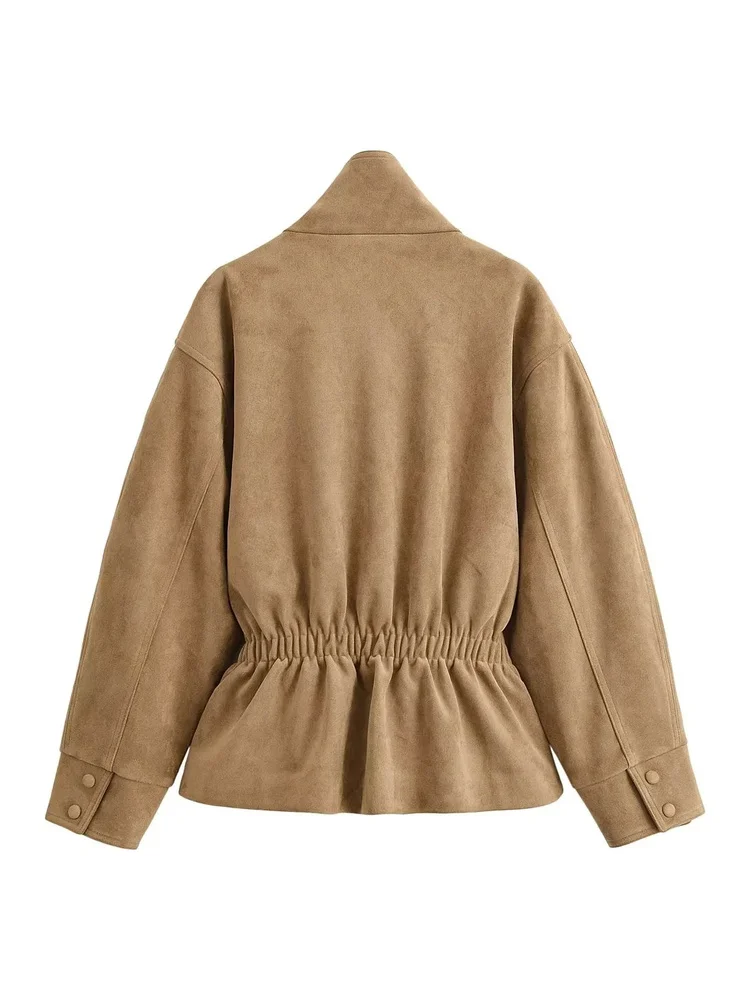 AACHOAE Women Faux Suede Jacket Belted Waist Loose Fit Short Coat Long Sleeve Vintage Casual Elegant Autumn Spring Outerwear