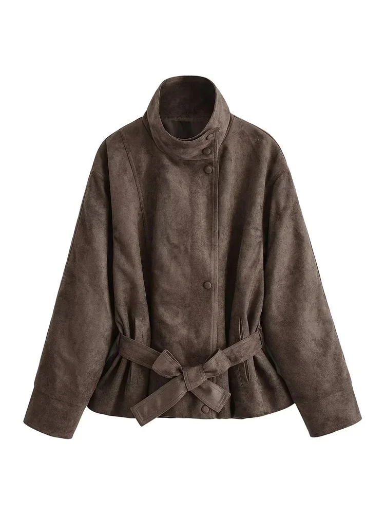 AACHOAE Women Faux Suede Jacket Belted Waist Loose Fit Short Coat Long Sleeve Vintage Casual Elegant Autumn Spring Outerwear