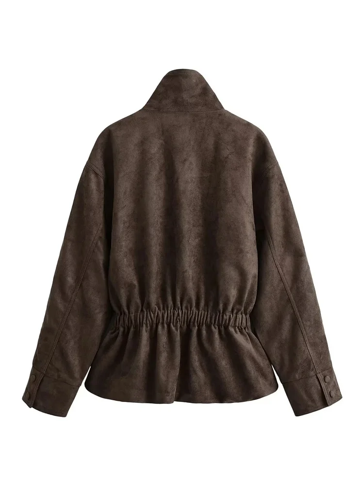 AACHOAE Women Faux Suede Jacket Belted Waist Loose Fit Short Coat Long Sleeve Vintage Casual Elegant Autumn Spring Outerwear