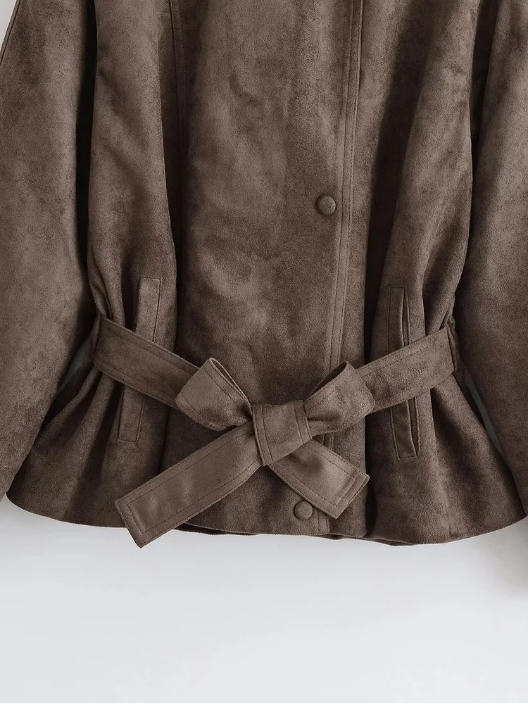 AACHOAE Women Faux Suede Jacket Belted Waist Loose Fit Short Coat Long Sleeve Vintage Casual Elegant Autumn Spring Outerwear