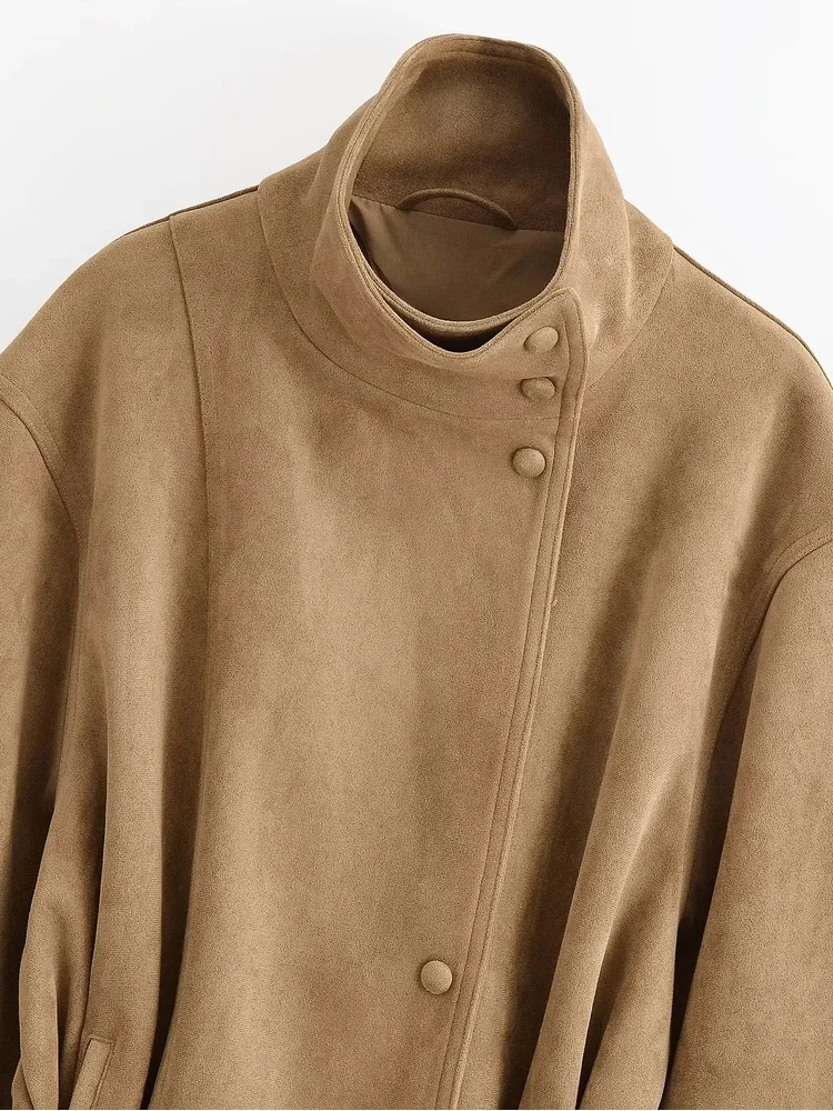 AACHOAE Women Faux Suede Jacket Belted Waist Loose Fit Short Coat Long Sleeve Vintage Casual Elegant Autumn Spring Outerwear