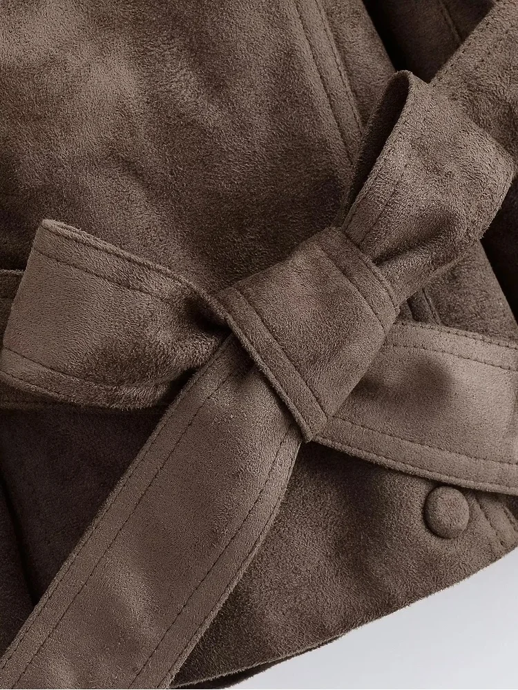 AACHOAE Women Faux Suede Jacket Belted Waist Loose Fit Short Coat Long Sleeve Vintage Casual Elegant Autumn Spring Outerwear