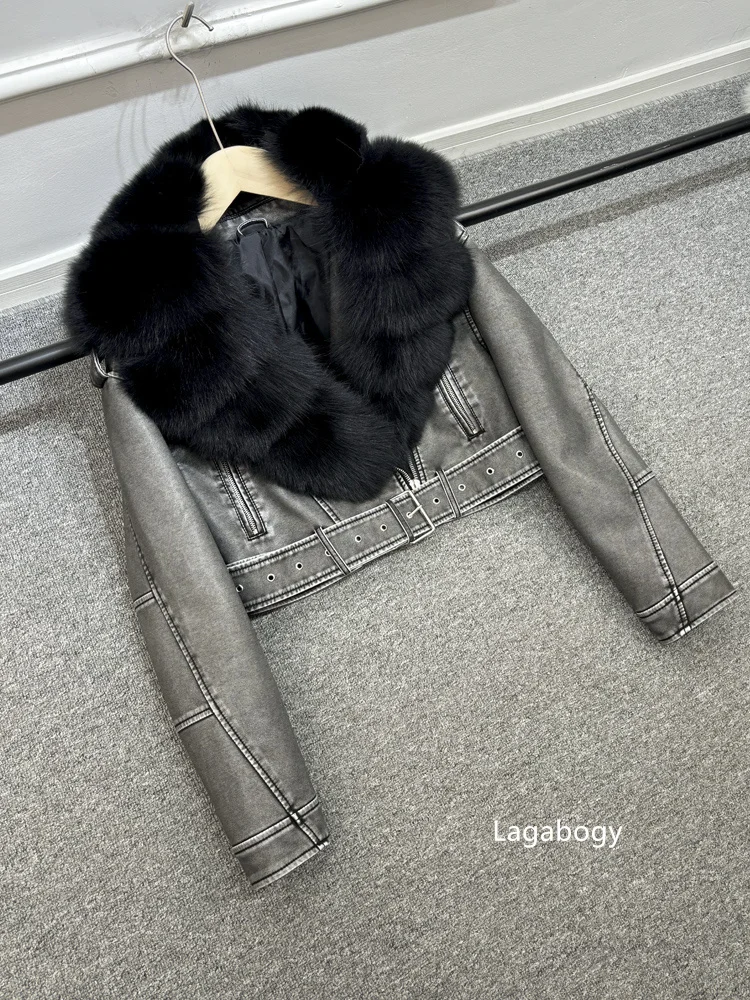 2025 Women Vintage Pu Faux Leather Short Jacket With Belt Streetwear Female Zipper Retro Coat Outwear Big Real Fox Fur Collar