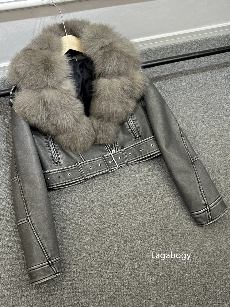 2025 Women Vintage Pu Faux Leather Short Jacket With Belt Streetwear Female Zipper Retro Coat Outwear Big Real Fox Fur Collar