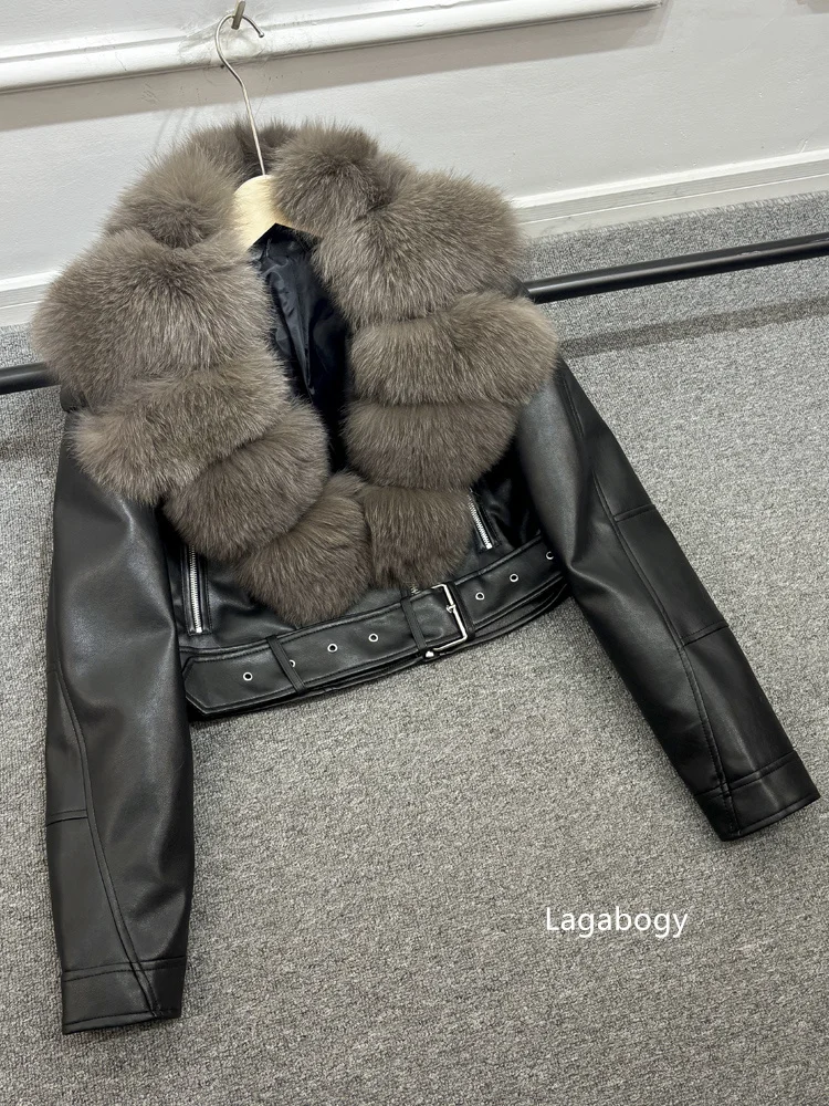 2025 Women Vintage Pu Faux Leather Short Jacket With Belt Streetwear Female Zipper Retro Coat Outwear Big Real Fox Fur Collar