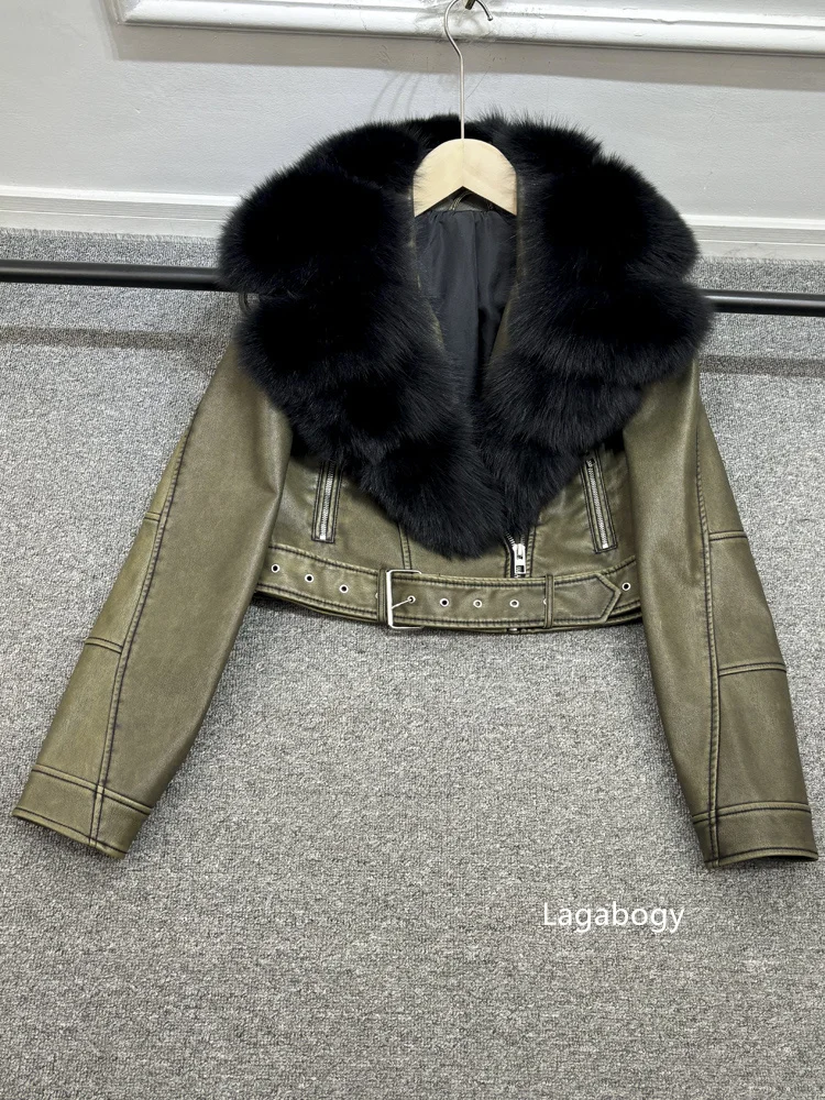 2025 Women Vintage Pu Faux Leather Short Jacket With Belt Streetwear Female Zipper Retro Coat Outwear Big Real Fox Fur Collar