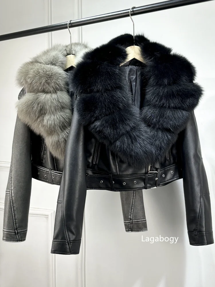 2025 Women Vintage Pu Faux Leather Short Jacket With Belt Streetwear Female Zipper Retro Coat Outwear Big Real Fox Fur Collar