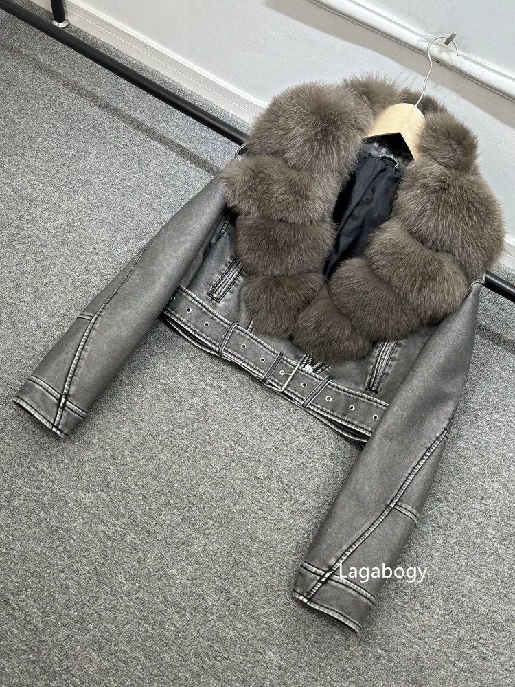 2025 Women Vintage Pu Faux Leather Short Jacket With Belt Streetwear Female Zipper Retro Coat Outwear Big Real Fox Fur Collar