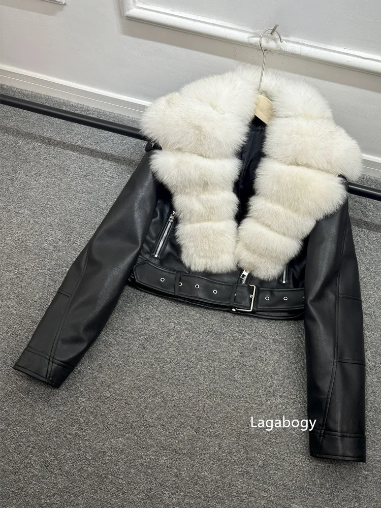 2025 Women Vintage Pu Faux Leather Short Jacket With Belt Streetwear Female Zipper Retro Coat Outwear Big Real Fox Fur Collar