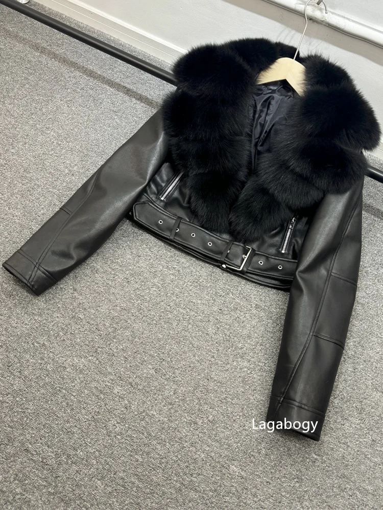 2025 Women Vintage Pu Faux Leather Short Jacket With Belt Streetwear Female Zipper Retro Coat Outwear Big Real Fox Fur Collar