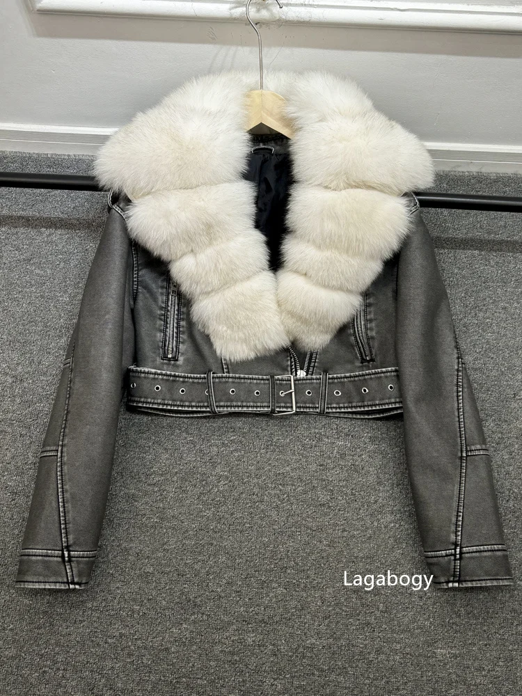 2025 Women Vintage Pu Faux Leather Short Jacket With Belt Streetwear Female Zipper Retro Coat Outwear Big Real Fox Fur Collar