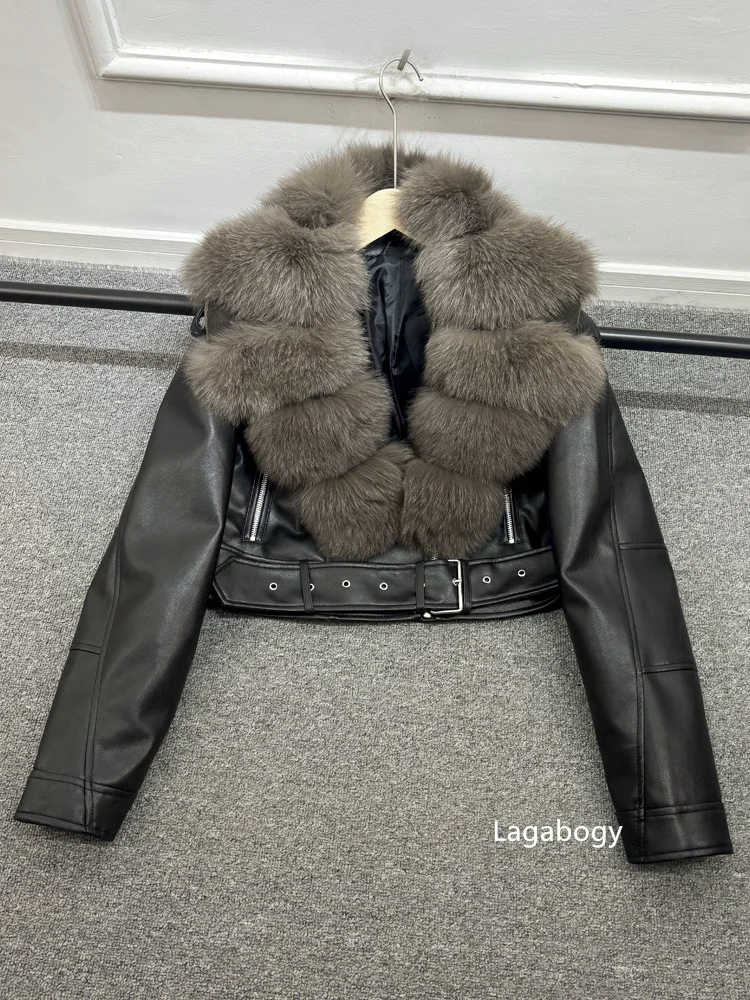 2025 Women Vintage Pu Faux Leather Short Jacket With Belt Streetwear Female Zipper Retro Coat Outwear Big Real Fox Fur Collar