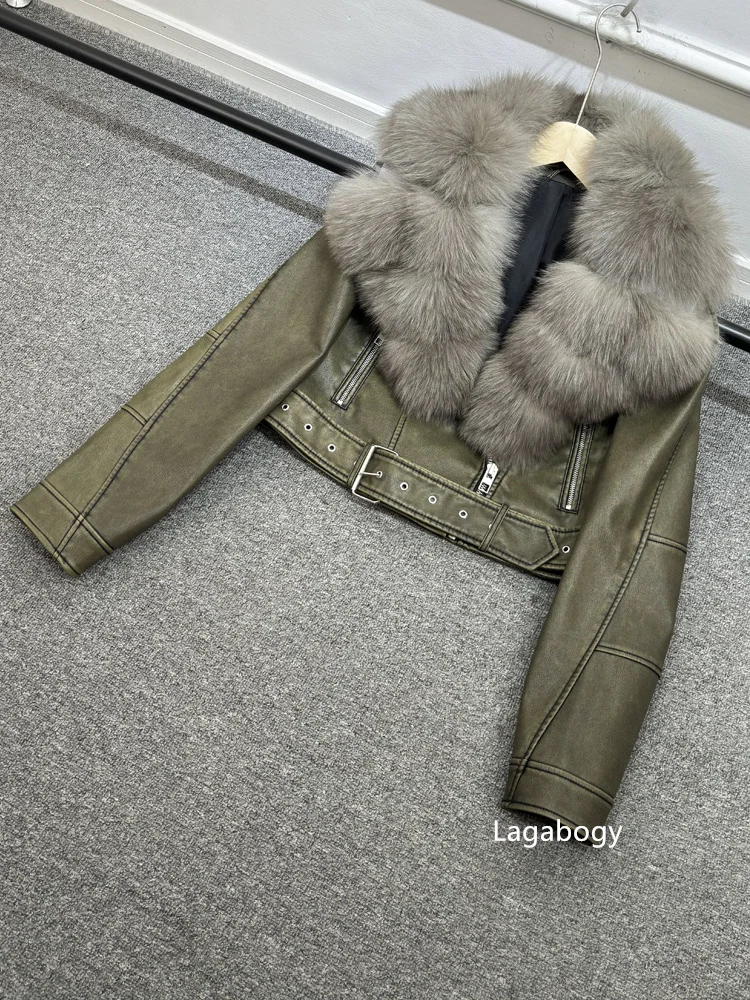 2025 Women Vintage Pu Faux Leather Short Jacket With Belt Streetwear Female Zipper Retro Coat Outwear Big Real Fox Fur Collar