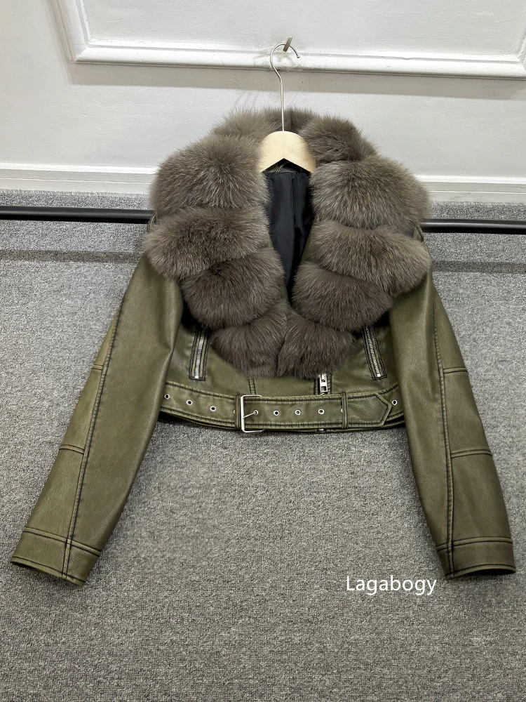 2025 Women Vintage Pu Faux Leather Short Jacket With Belt Streetwear Female Zipper Retro Coat Outwear Big Real Fox Fur Collar