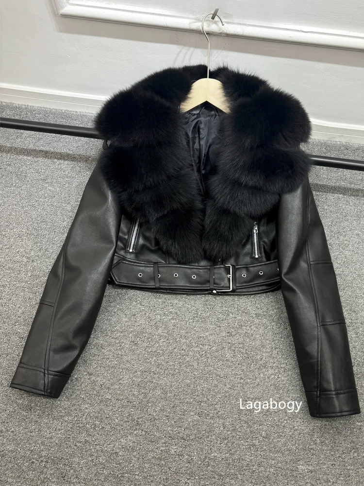 2025 Women Vintage Pu Faux Leather Short Jacket With Belt Streetwear Female Zipper Retro Coat Outwear Big Real Fox Fur Collar