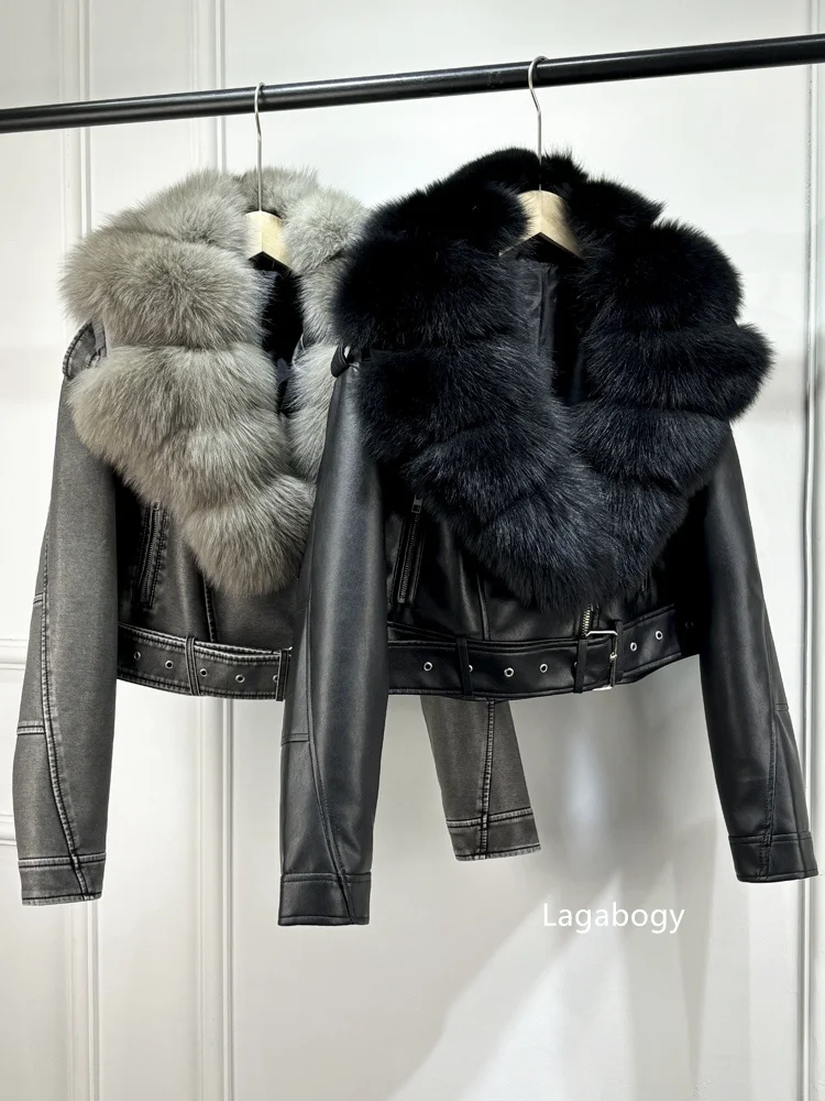 2025 Women Vintage Pu Faux Leather Short Jacket With Belt Streetwear Female Zipper Retro Coat Outwear Big Real Fox Fur Collar